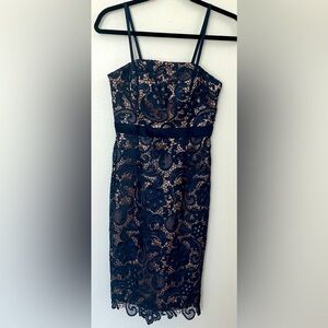 MAY QUEEN Couture USA Blue Lace Bustier Dress Nude Satin Lined Formal Designer
